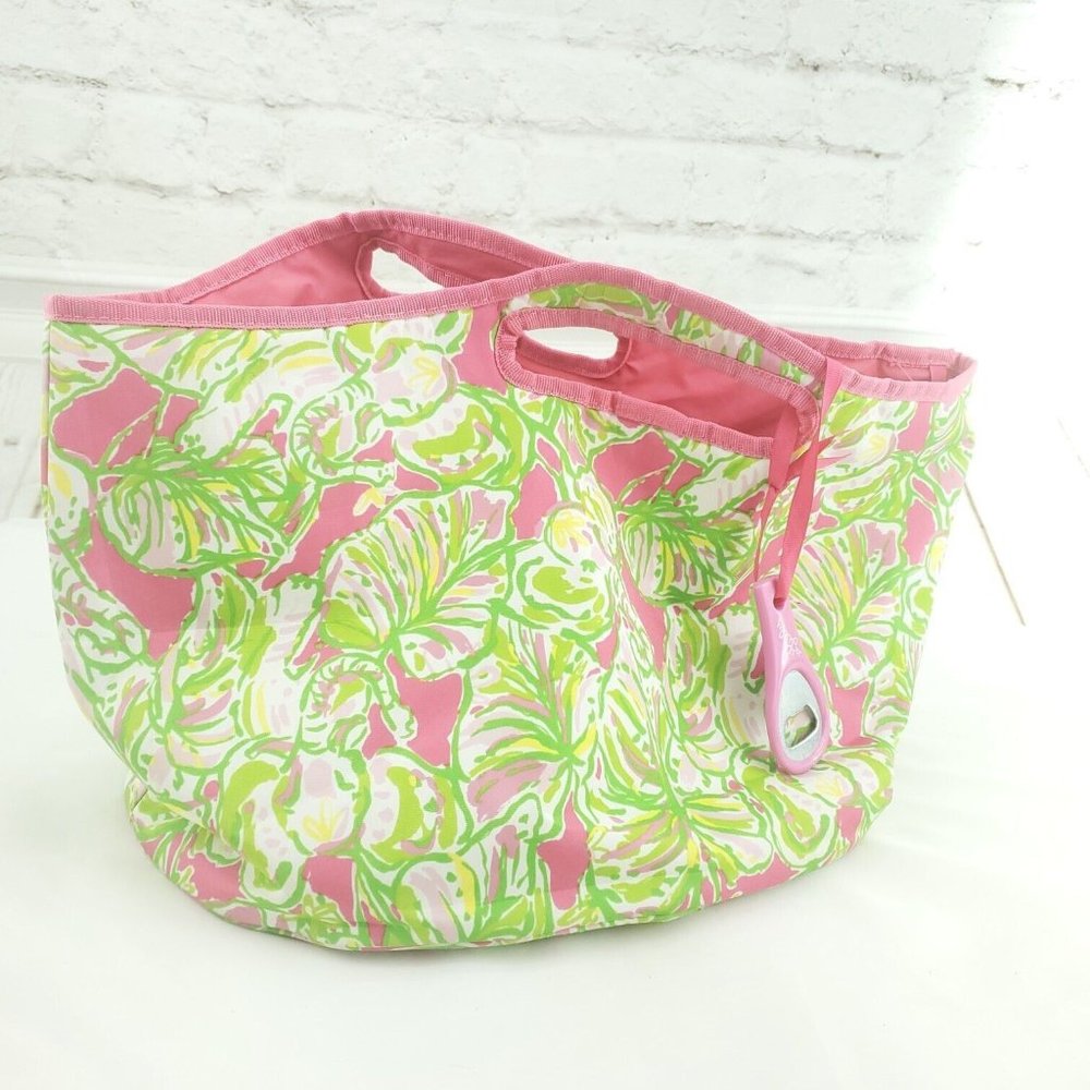 Lilly Pulitzer Pink Floral Bottle Opener Outer Pockets Bucket Style Tote…